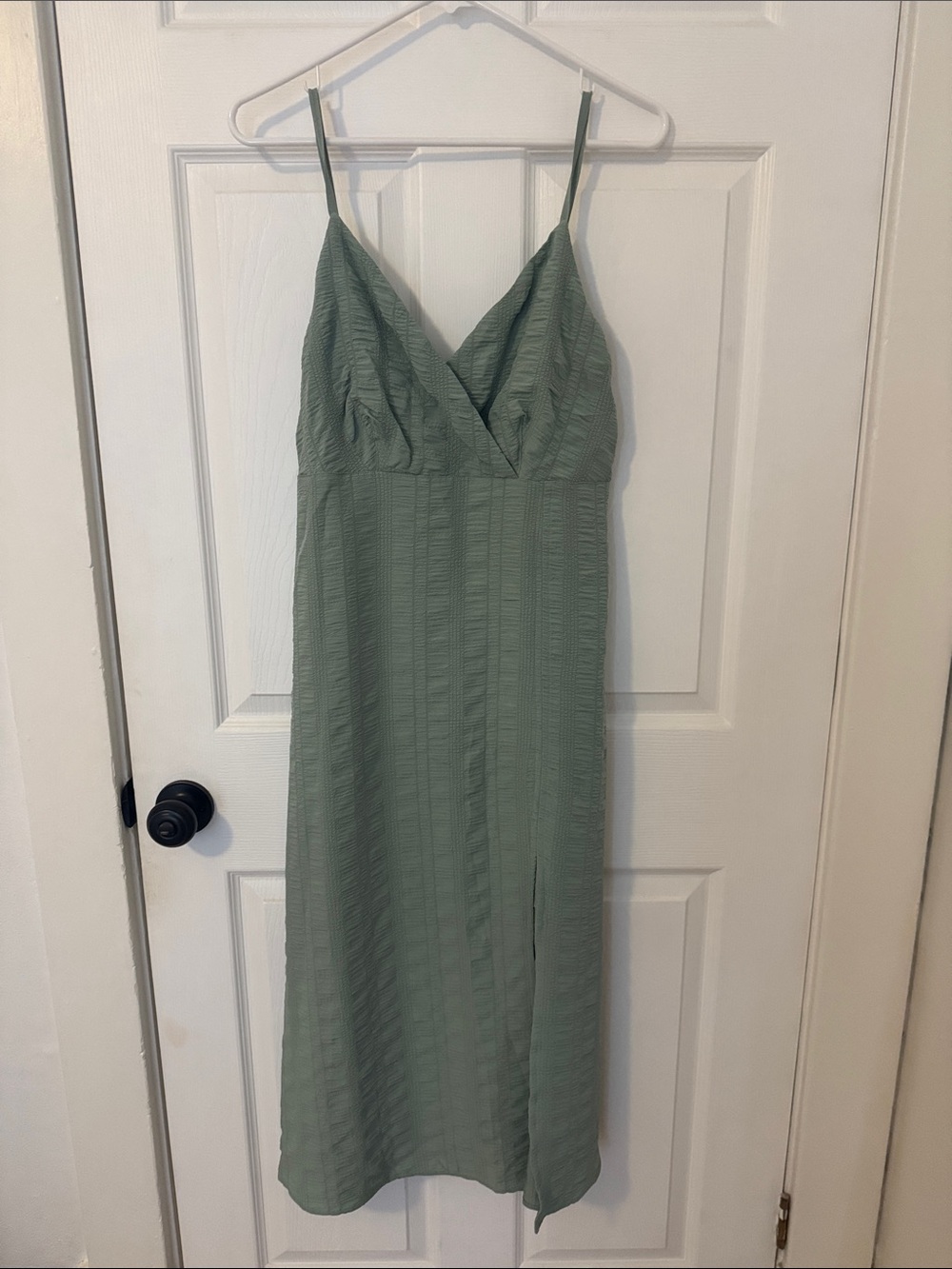Sage Green Spaghetti Strap Midi Dress with V-Neck